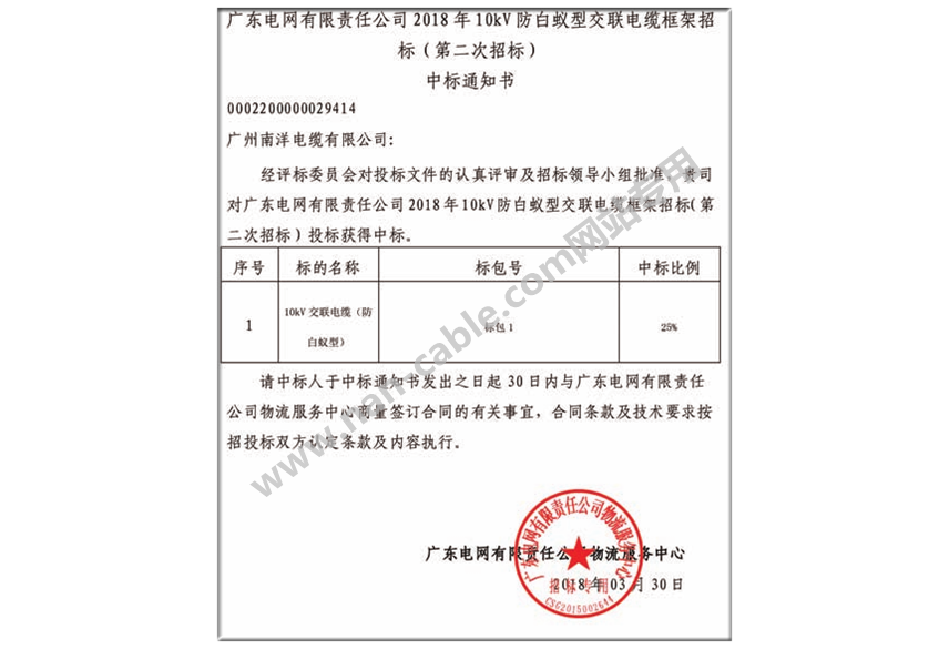 廣東電網(wǎng)中標(biāo)通知書(shū)